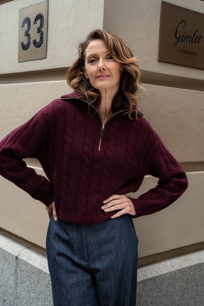 Helena High Neck Zipper Knit -  Burgundy Cashmere MTM