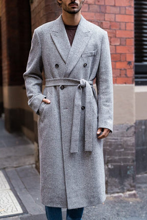Blake (Long) Coat - Grey, Camel and White Wide Herringbone Wool