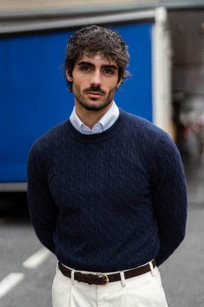 Crew Neck Cable Knit (MTM) - Navy Cashmere