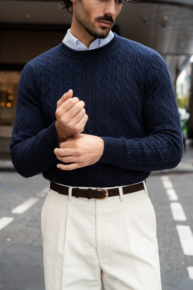 Crew Neck Cable Knit (MTM) - Navy Cashmere