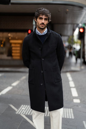 Shoreditch Stand Collar Coat - Navy Wool