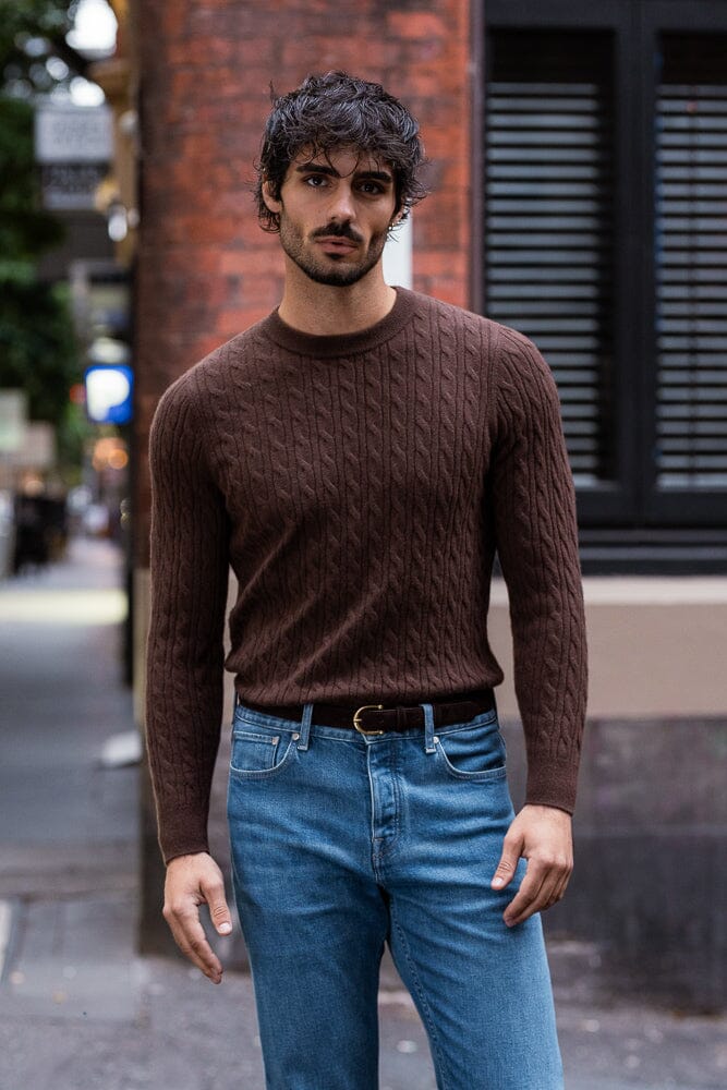 Crew Neck Cable Knit (MTM) - Brown Cashmere