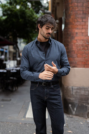 Ralph Narrow Spread Button Down Shirt - Blue & Black Check