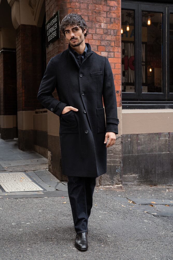 Shoreditch Stand Collar Coat - Navy Wool