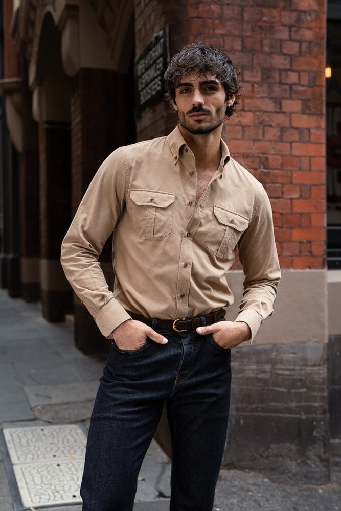 Mercer Narrow Spread Button Down Shirt - Beige Fine Corduroy