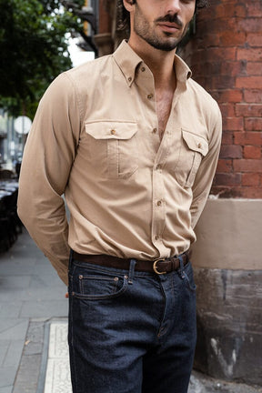 Mercer Narrow Spread Button Down Shirt - Beige Fine Corduroy