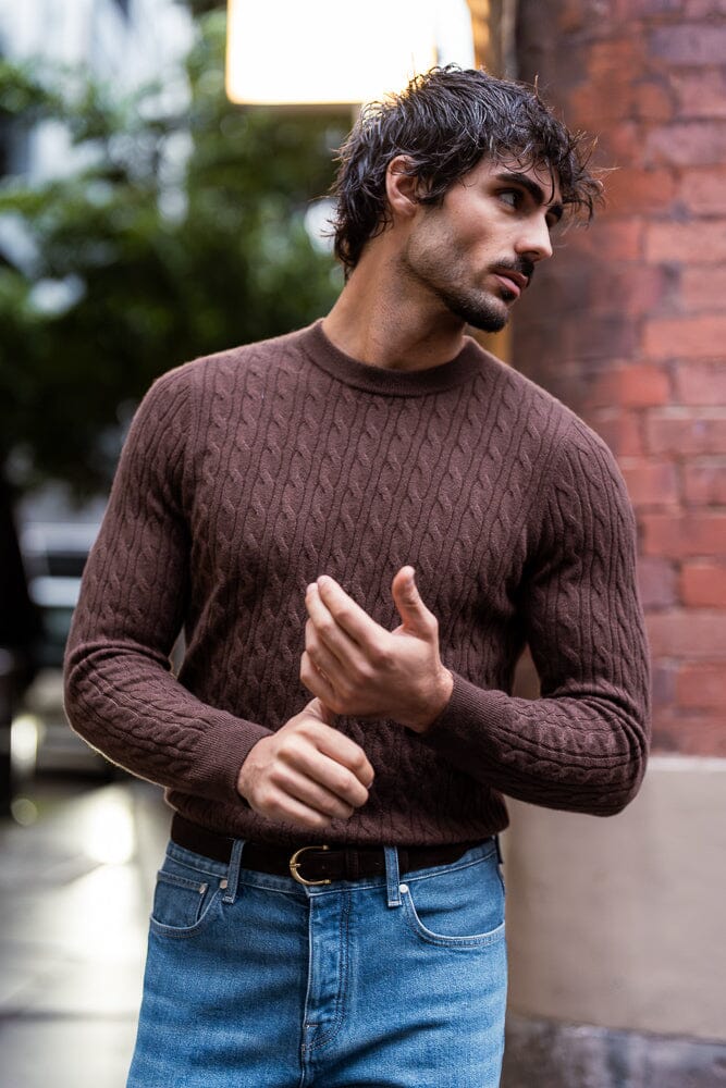 Crew Neck Cable Knit (MTM) - Brown Cashmere