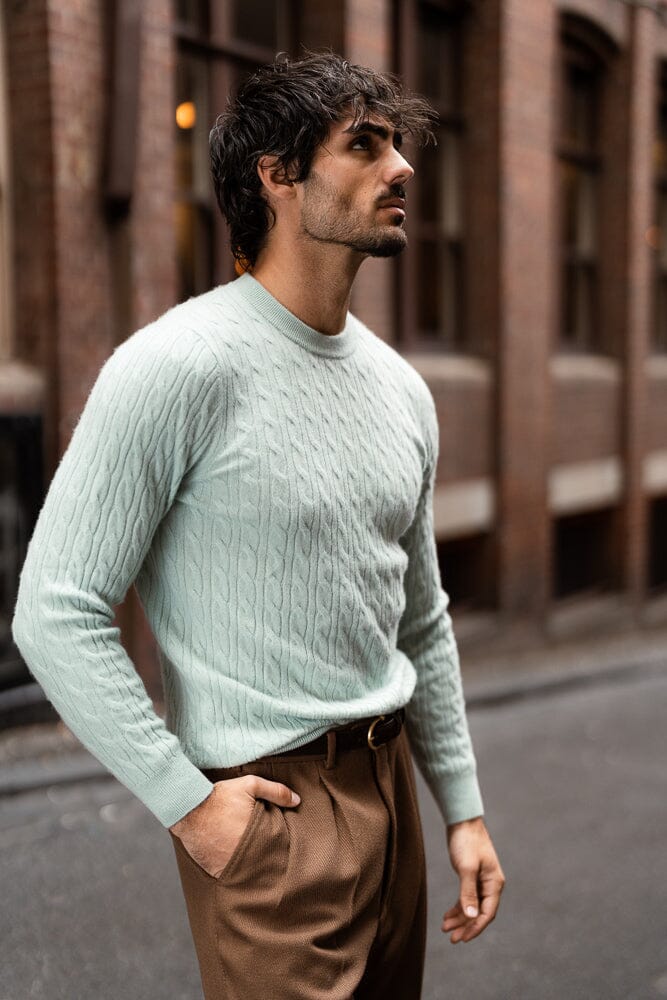 Crew Neck Cable Knit (MTM) - Mint Cashmere