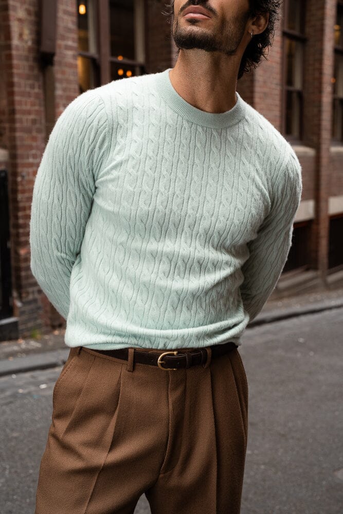 Crew Neck Cable Knit (MTM) - Mint Cashmere