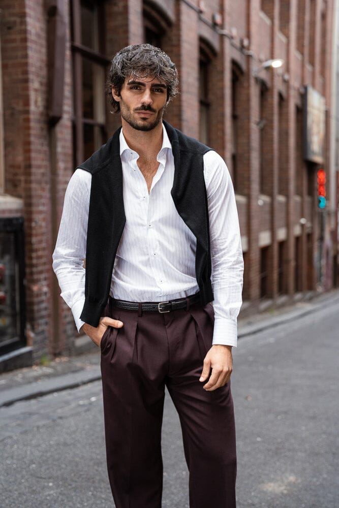 Firenze Pleated Trouser (Double Inverted) - Aubergine Wool