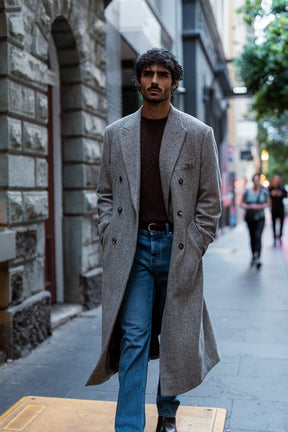 Blake (Long) Coat - Grey, Camel and White Wide Herringbone Wool