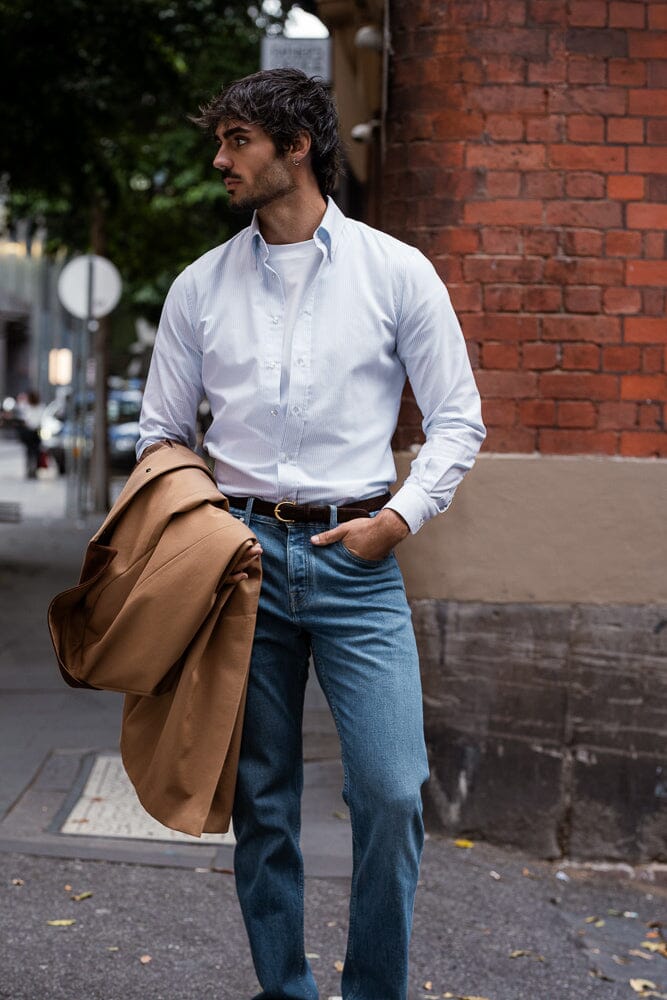 Ralph Narrow Spread Button Down Shirt - Lt Blue & White Oxford Stripe