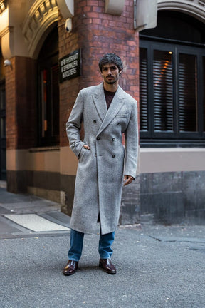 Blake (Long) Coat - Grey, Camel and White Wide Herringbone Wool