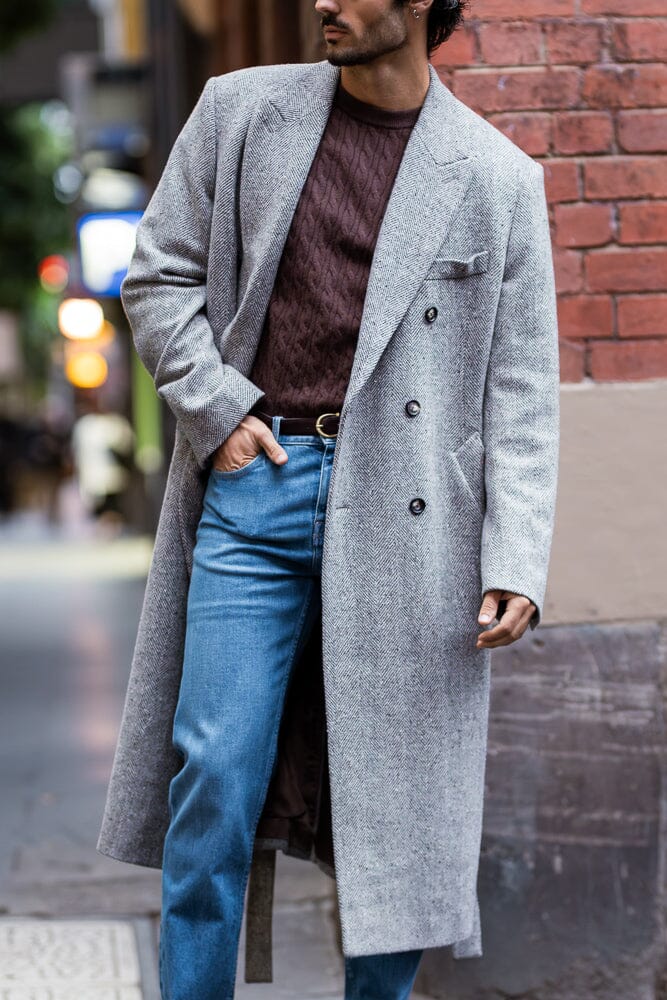 Blake (Long) Coat - Grey, Camel and White Wide Herringbone Wool