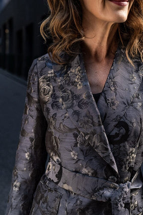 Alexis Belted Tuxedo Suit - Black and Gold Floral Jacquard Silk