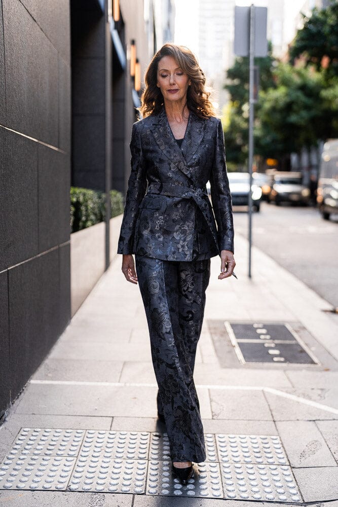 Alexis Belted Tuxedo Suit - Black and Gold Floral Jacquard Silk