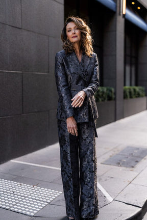 Alexis Belted Tuxedo Suit - Black and Gold Floral Jacquard Silk