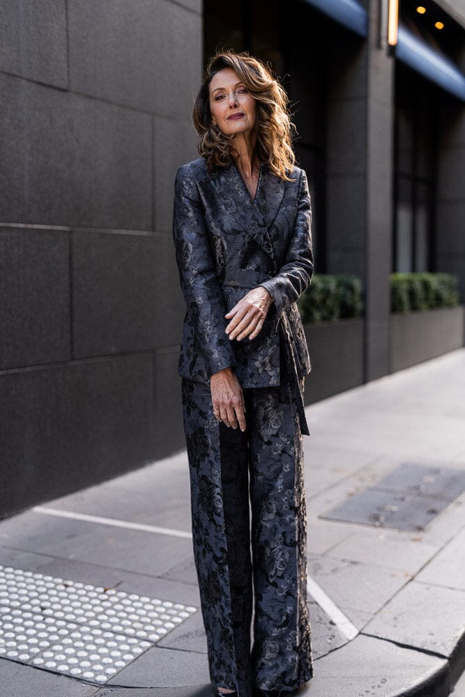 Alexis Belted Tuxedo Suit - Black and Gold Floral Jacquard Silk