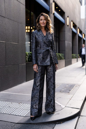 Alexis Belted Tuxedo Suit - Black and Gold Floral Jacquard Silk
