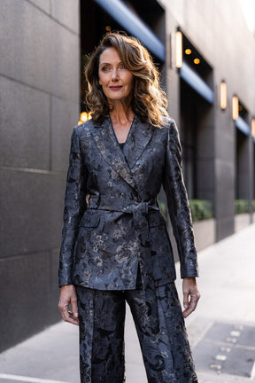 Alexis Belted Tuxedo Suit - Black and Gold Floral Jacquard Silk