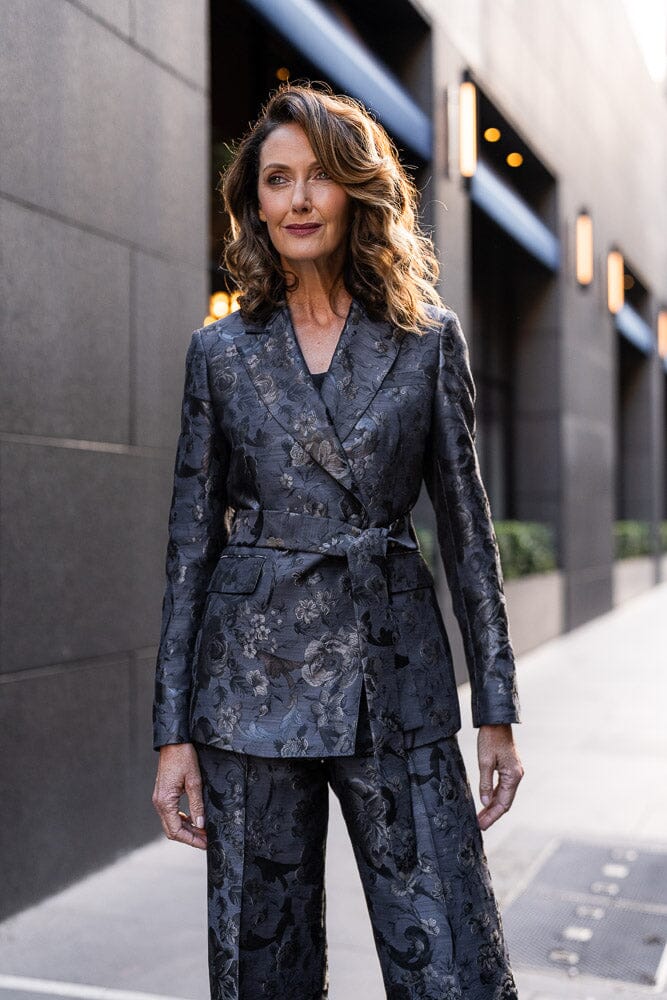 Alexis Belted Tuxedo Suit - Black and Gold Floral Jacquard Silk