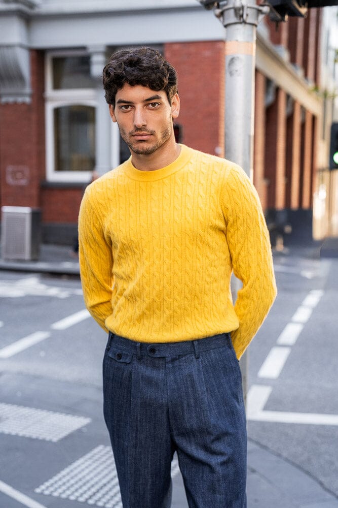 Crew Neck Cable Knit (MTM) - Yellow Cashmere