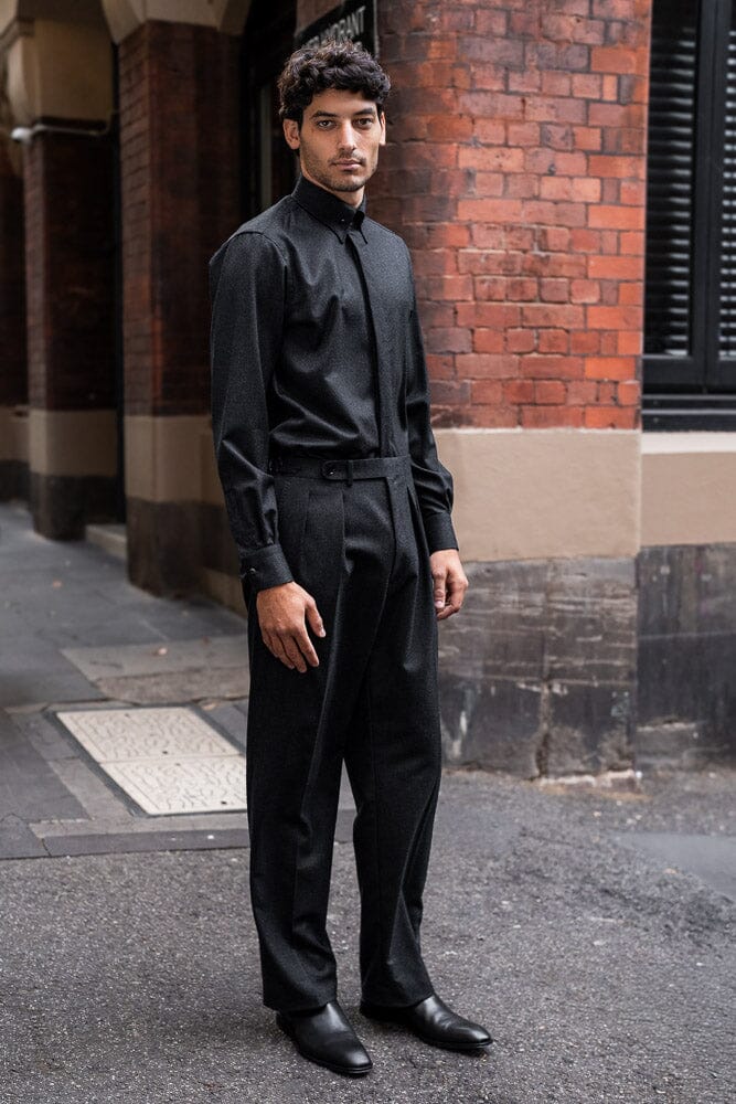 Mayfair Pin Collar Shirt - Charcoal Wool Flannel