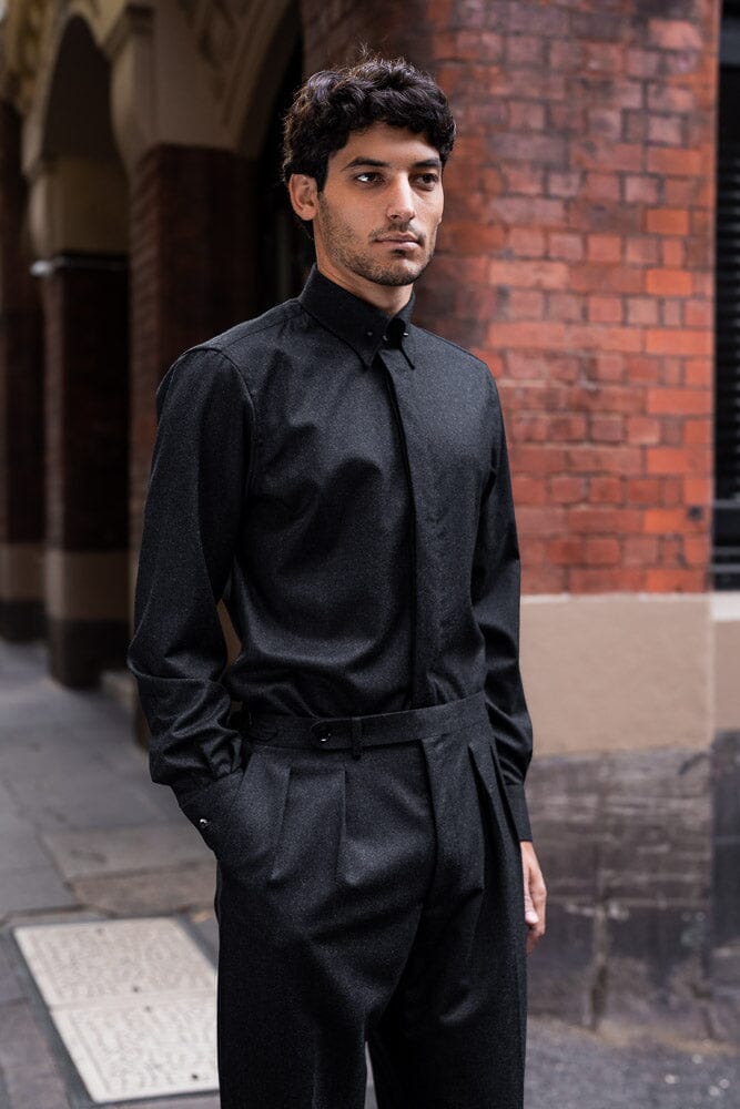 Mayfair Pin Collar Shirt - Charcoal Wool Flannel