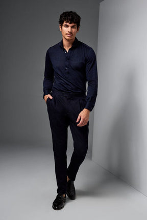 Magnus Long Sleeve Polo Shirt - Navy Merino Wool