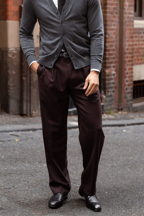 Firenze Pleated Trouser (Double Inverted) - Aubergine Wool