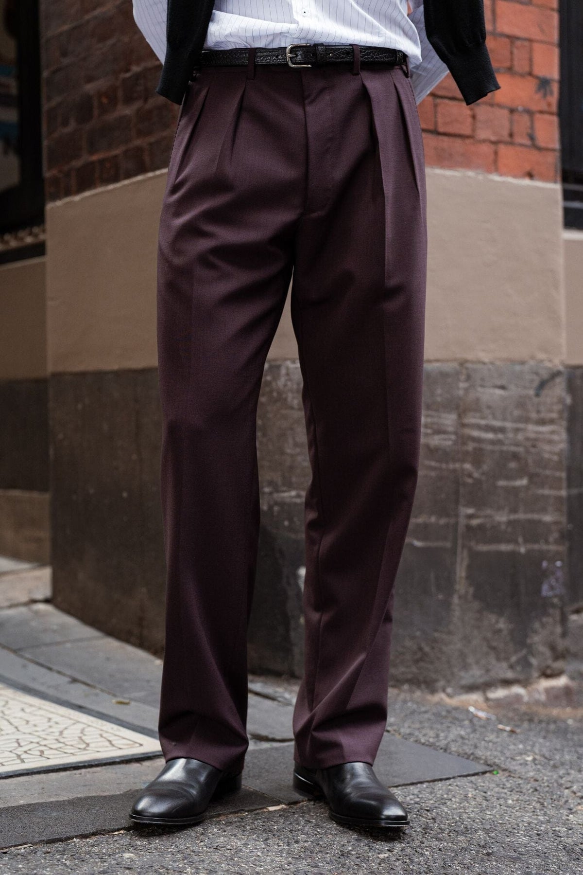 Firenze Pleated Trouser (Double Inverted) - Aubergine Wool