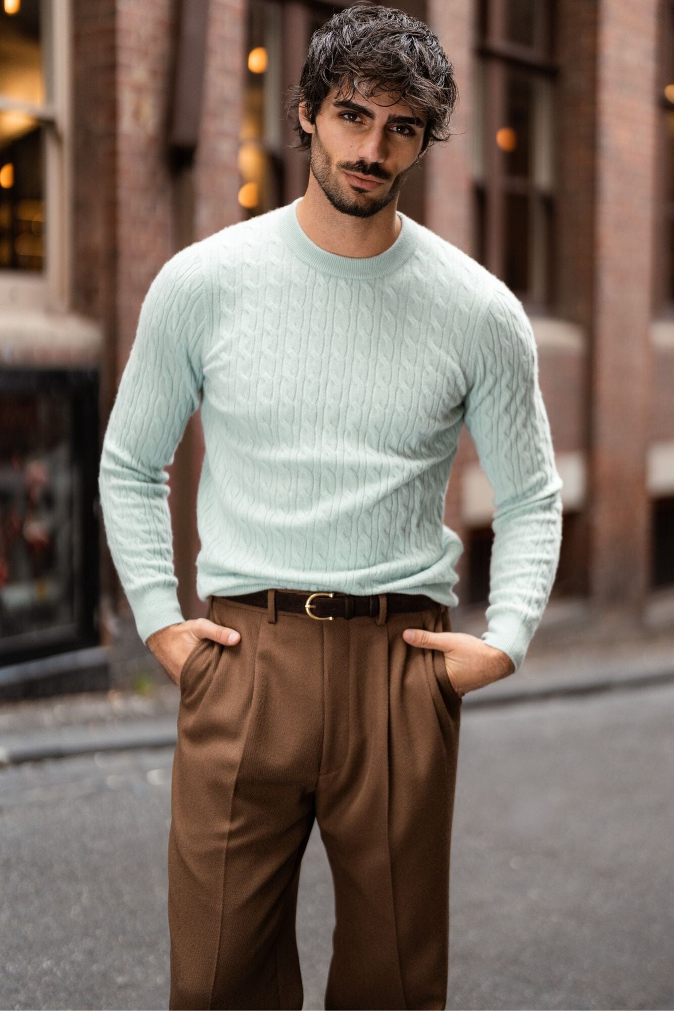 Crew Neck Cable Knit (MTM) - Mint Cashmere