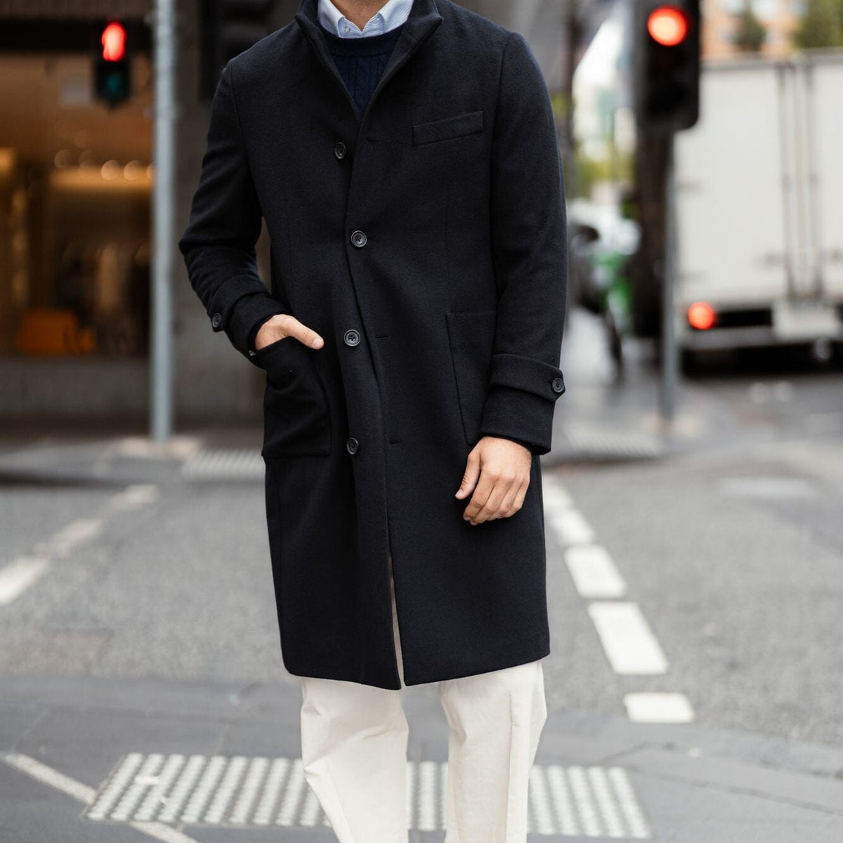 Shoreditch Stand Collar Coat - Navy Wool