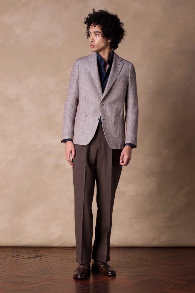 Liam Blazer - Navy Brown and White Linen Silk