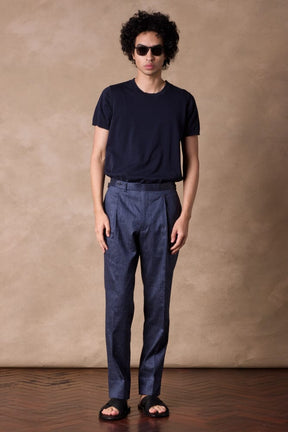 Como Trouser (Pleated) - Dark Denim Blue Cotton Linen Stretch