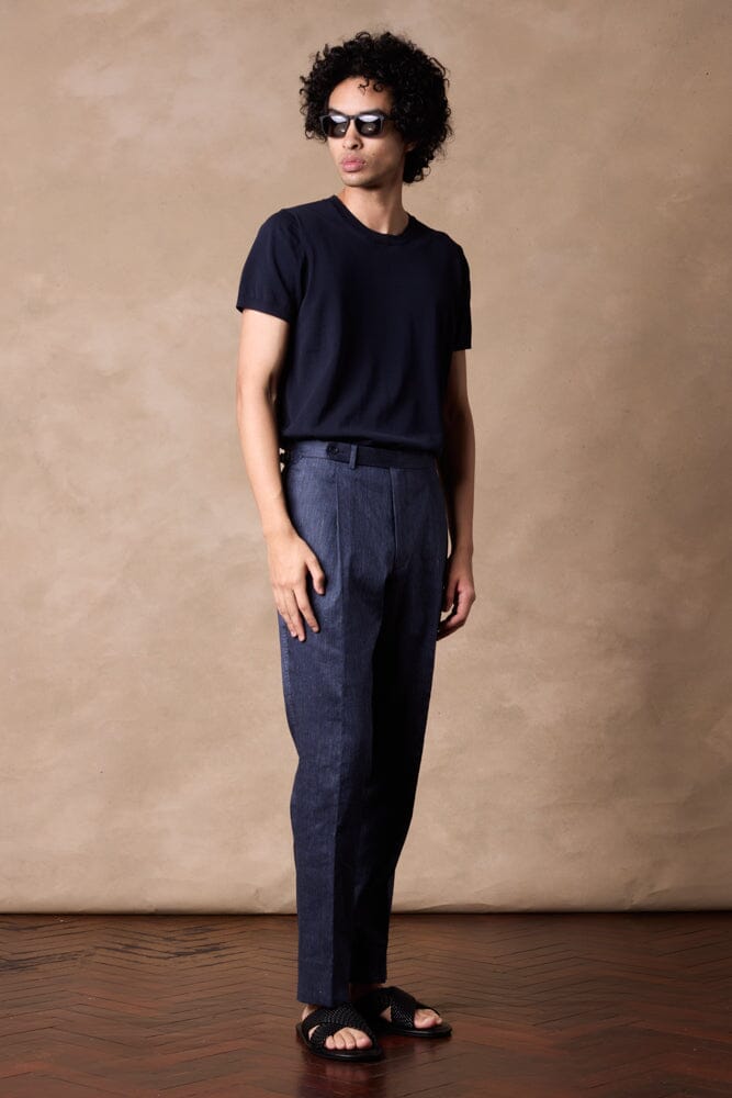 Como Trouser (Pleated) - Dark Denim Blue Cotton Linen Stretch