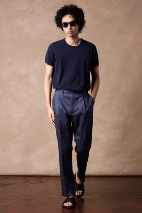 Como Trouser (Pleated) - Dark Denim Blue Cotton Linen Stretch