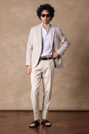 Soho Reverse Pleated Trouser - Off White Cotton Twill Stretch 410