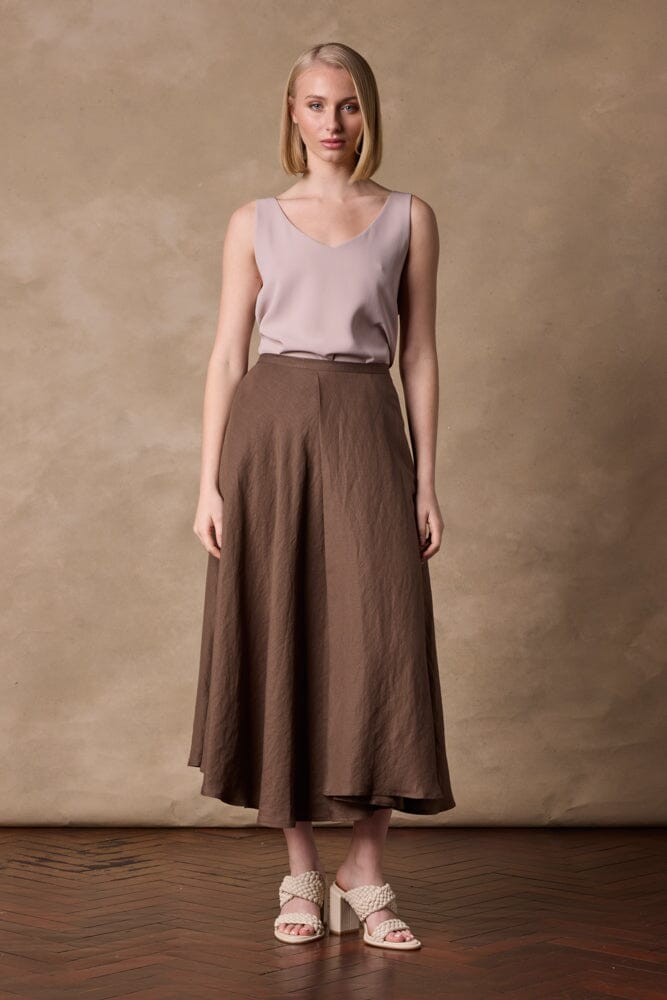 Sienna A-Line Midi Skirt - Brown Linen Blend