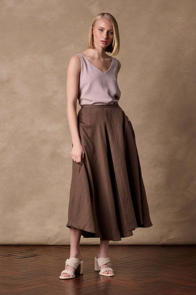 Sienna A-Line Midi Skirt - Brown Linen Blend