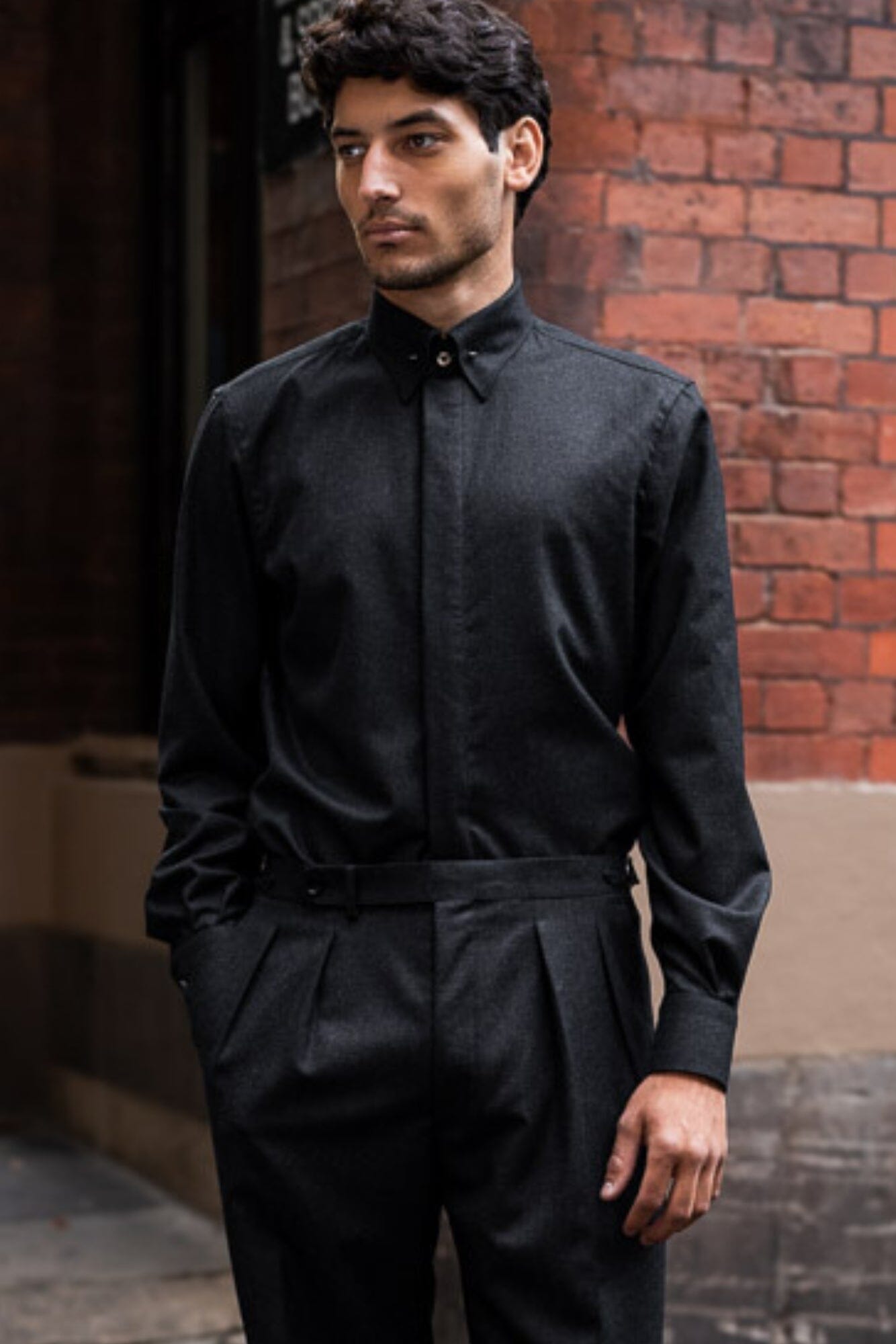 Mayfair Pin Collar Shirt - Charcoal Wool Flannel