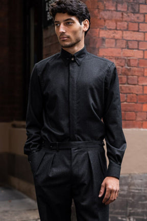 Mayfair Pin Collar Shirt - Charcoal Wool Flannel