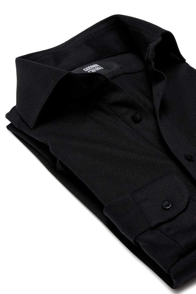 Alessio Long Sleeve Polo Top - Black Cotton Pique