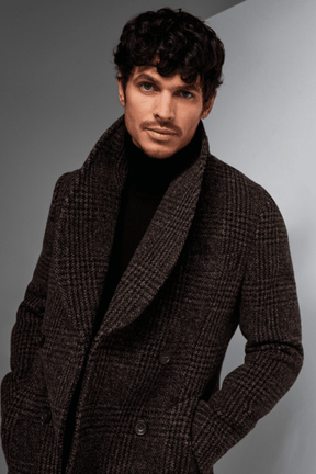 Roman Shawl Coat - Brown and Black Check Wool