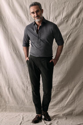 Magnus Long Sleeve Polo Shirt - Charcoal Cotton Pique