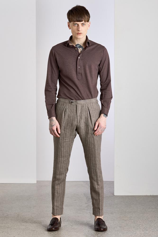 The Sacha Trouser - Light Brown Pinstripe Linen