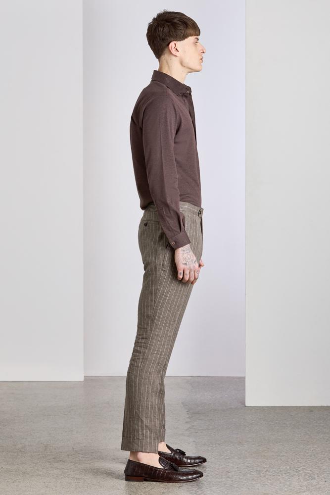 The Sacha Trouser - Light Brown Pinstripe Linen