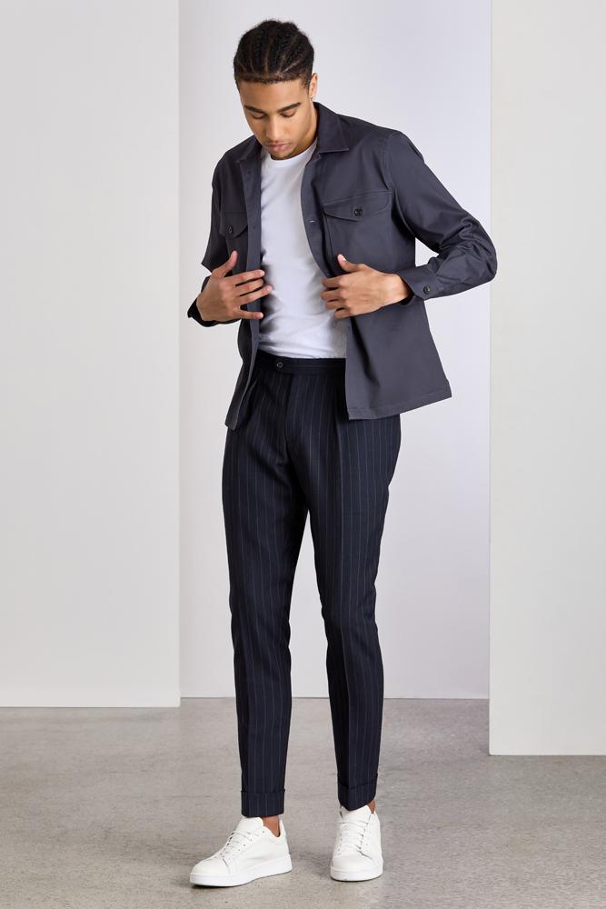 The Sacha Trouser - Navy Chalk Stripe Tropical Wool