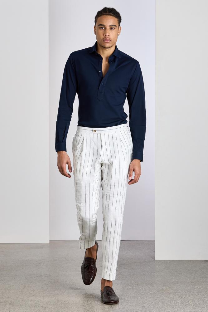 Roma Trouser - White and Navy Pinstripe Linen