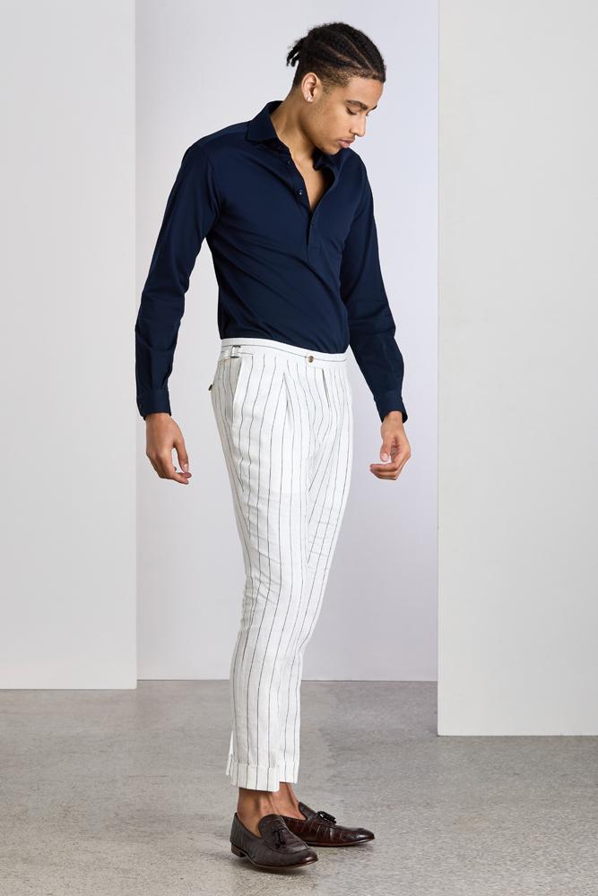 Roma Trouser - White and Navy Pinstripe Linen